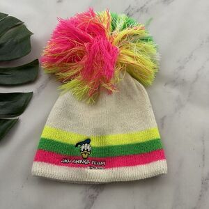 Vintage Disney Finland Aku Ankka Team Donald Duck Pom Pom Beanie Hat Neon Stripe